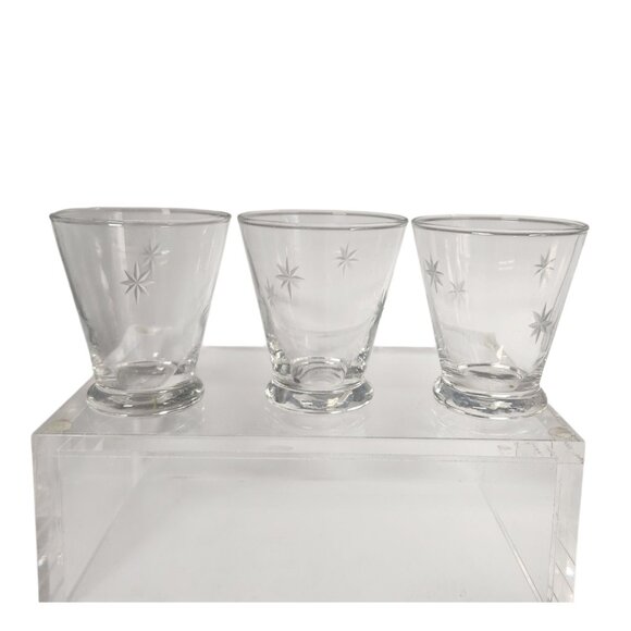 3 Vintage Atomic Starburst Cocktail Glasses 3" Etched Glass 1950s MCM - Picture 1 of 4